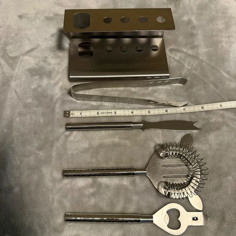 New Stainless Steel Bar Tool‎ Set w/ Stand – Strainer, Knife, Opener & Ice Tongs